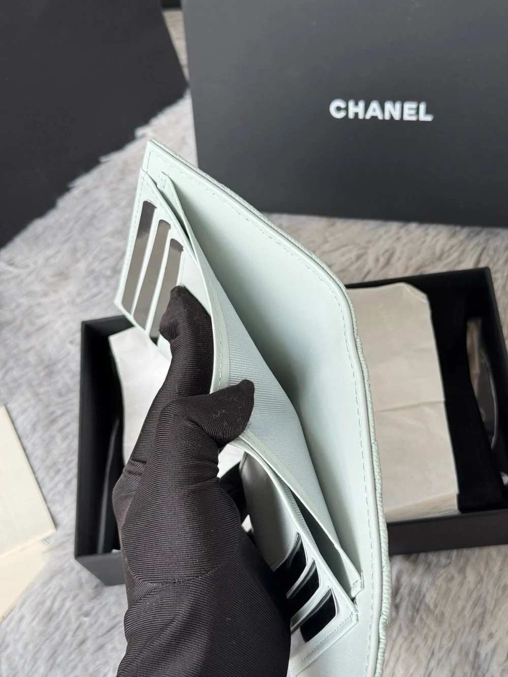 CHANEL Mint Quilted Leather Compact Wallet with Gold CC